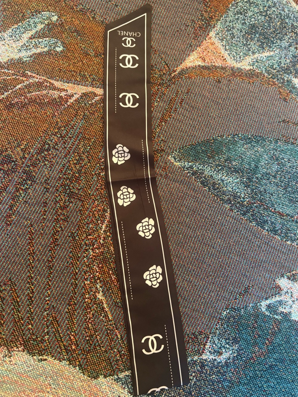 CHANEL Black and White Logo Camellia Twilly Scarf - Picture 2 of 2